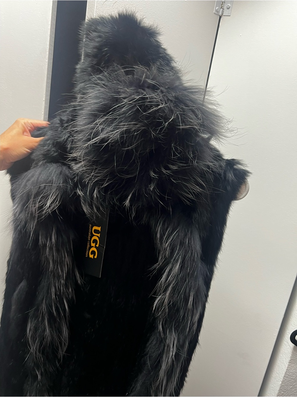 UGG Black Faux Fur Hooded Vest with Silver-Tipped Fur Trim